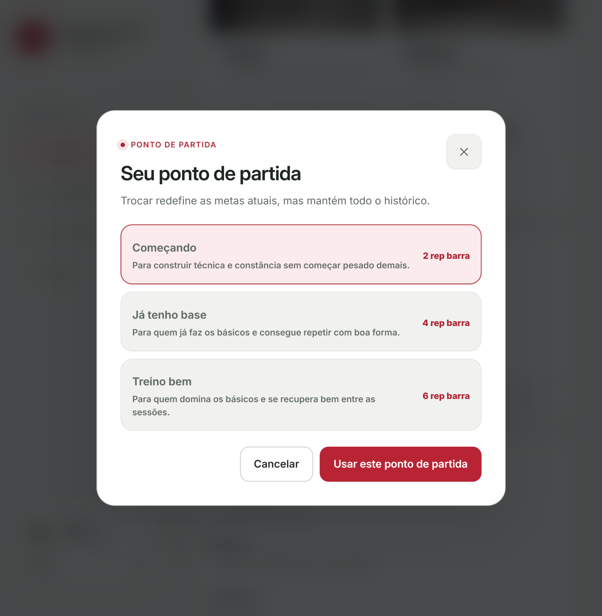 Janela Seu ponto de partida, com as opções Começando, Já tenho base e Treino bem.