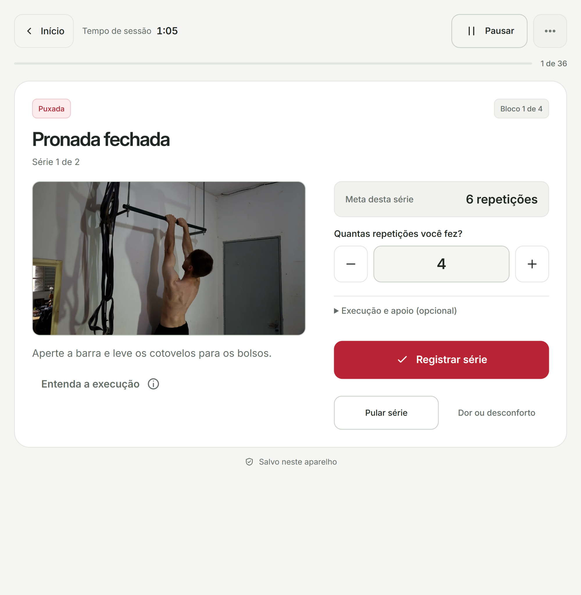 Exemplo de uma etapa do painel: Pronada fechada, demonstração, meta de 6 repetições e campo com 4 repetições.