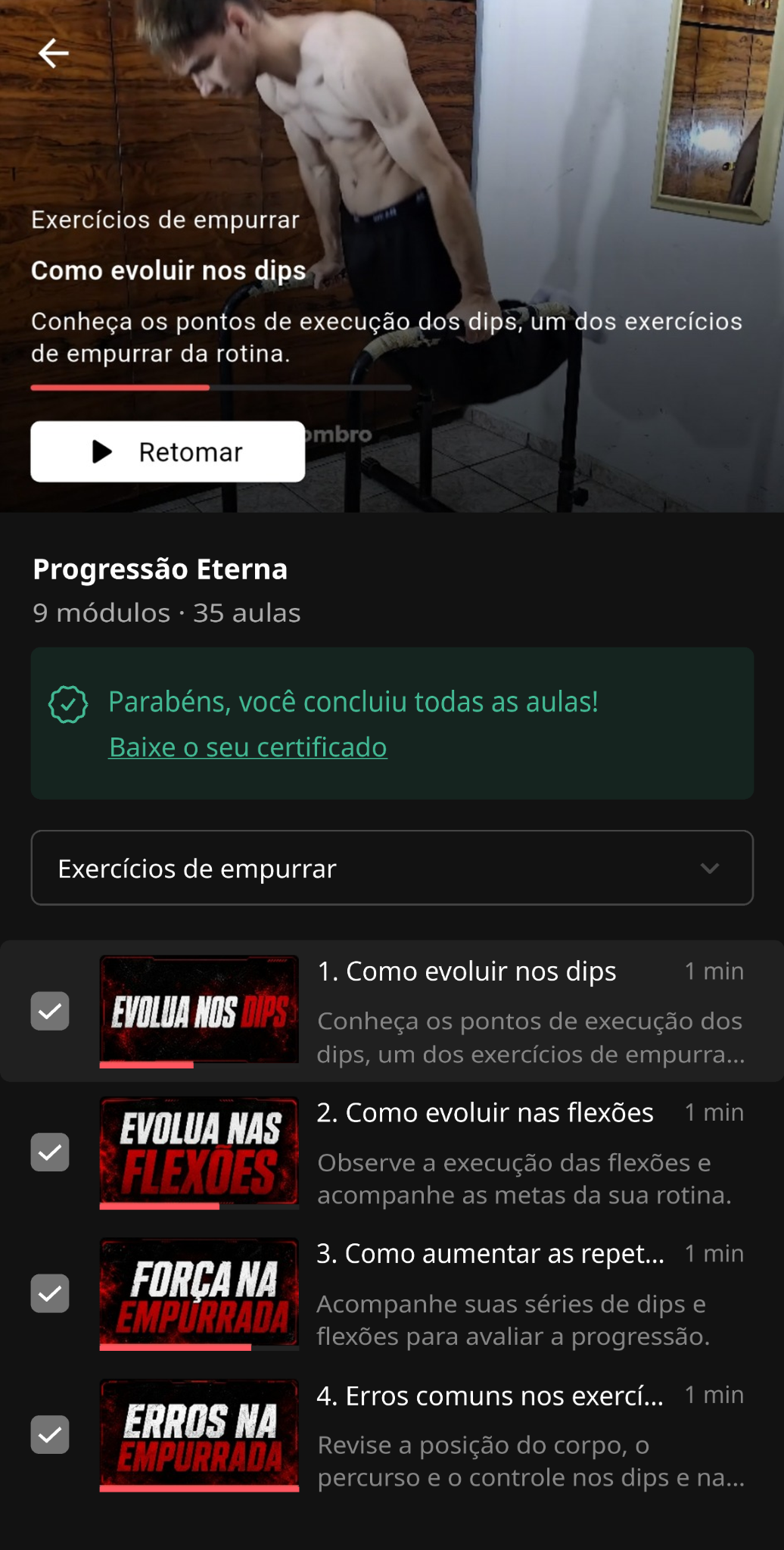 Aula Como evoluir nos dips, na área de membros do Progressão Eterna.