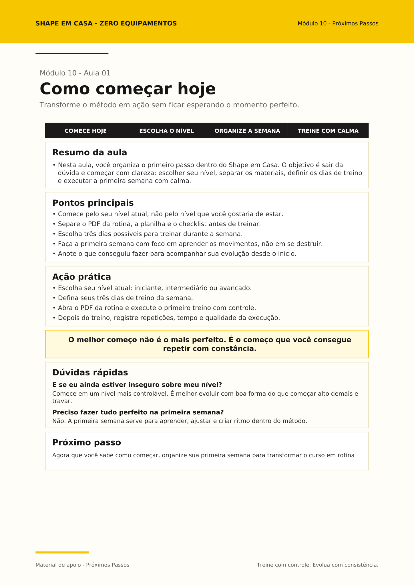 Folha de apoio do Shape em Casa para a aula Como começar hoje.